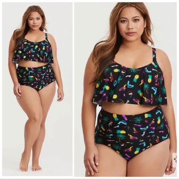 Torrid Flounce Bikini Swim Set 1X 14 16 Tropical Neon Print High Waist Bottom - Picture 3 of 16
